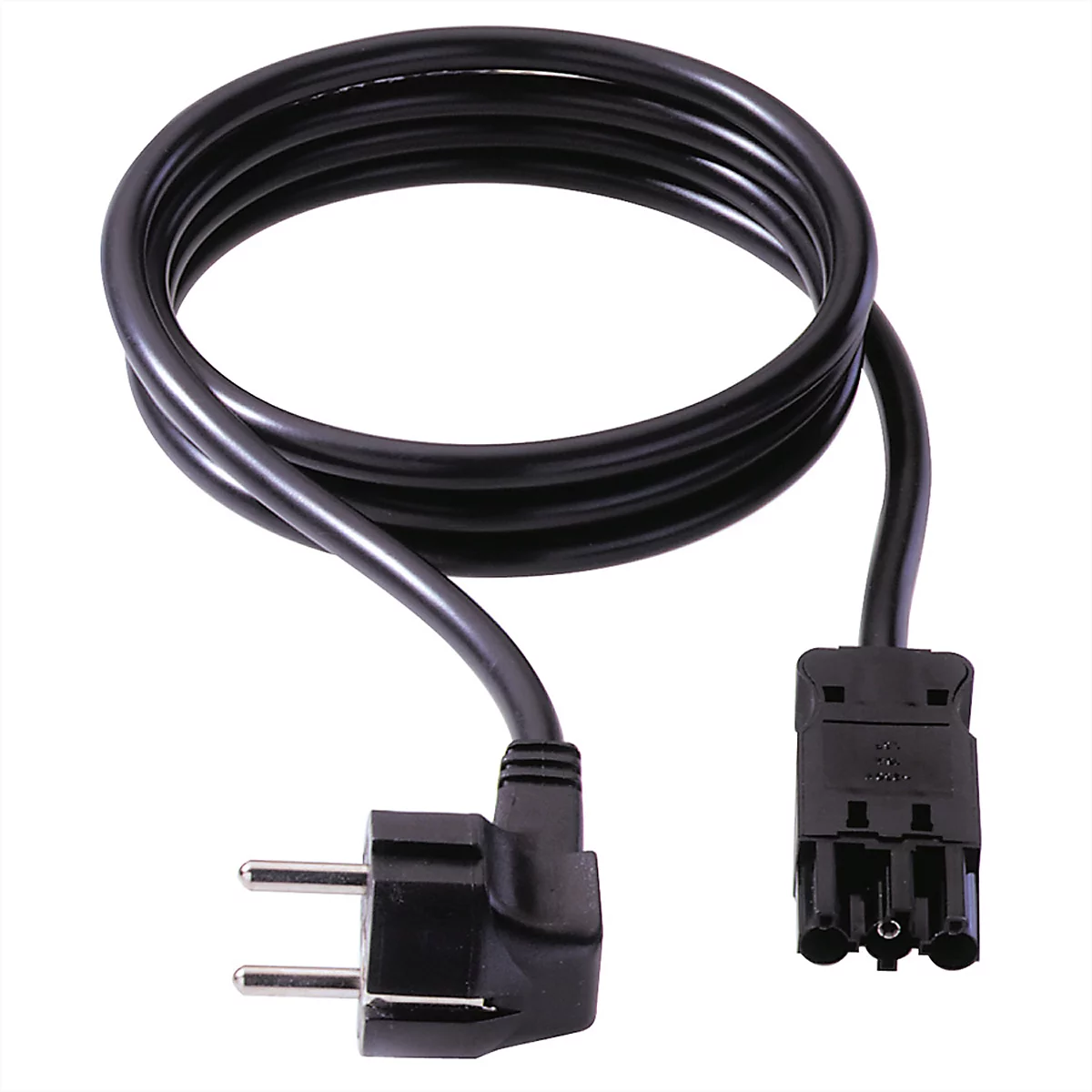 Ein schwarzes Stromkabel mit einem abgewinkelten Schutzkontaktstecker und einem mehrpoligen Geräteanschluss.