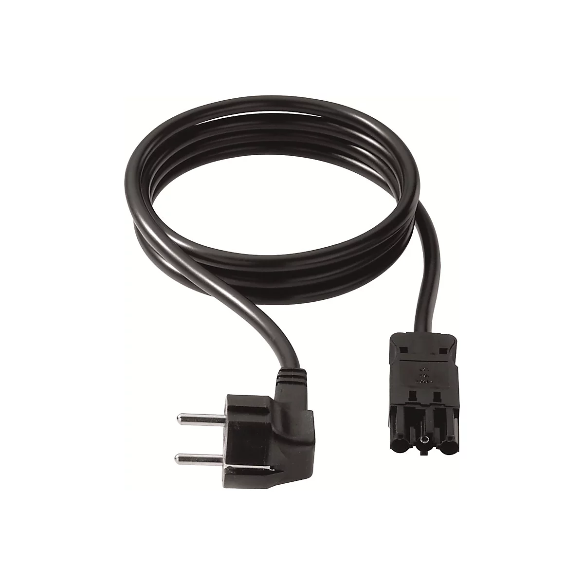Schwarzes Anschlusskabel mit Schutzkontaktstecker und Wieland-Kupplung vor weißem Hintergrund.