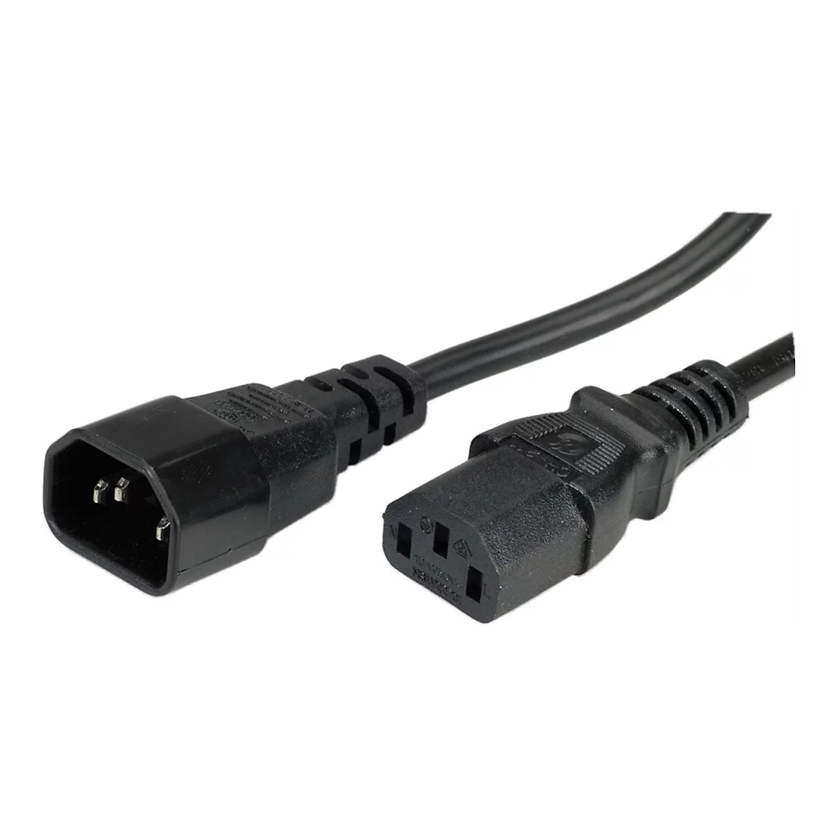 Schwarzes Kaltgerätekabel mit C13-Buchse und C14-Stecker vor weißem Hintergrund.