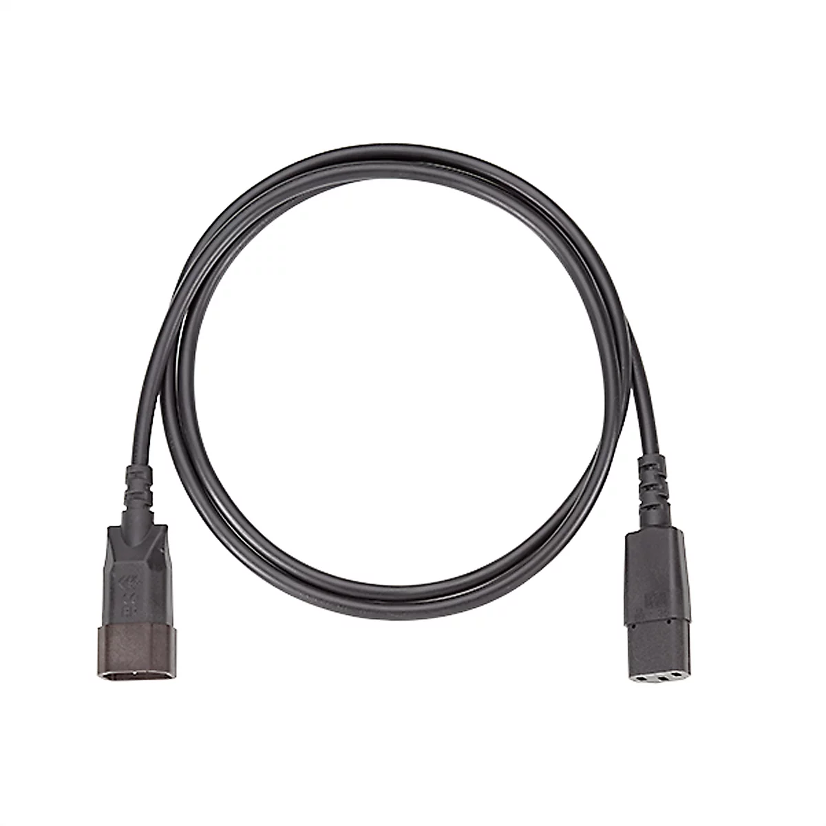 Ein schwarzes Netzkabel mit zwei Steckern. Es ist in einer Schlaufe angeordnet, vor weißem Hintergrund.