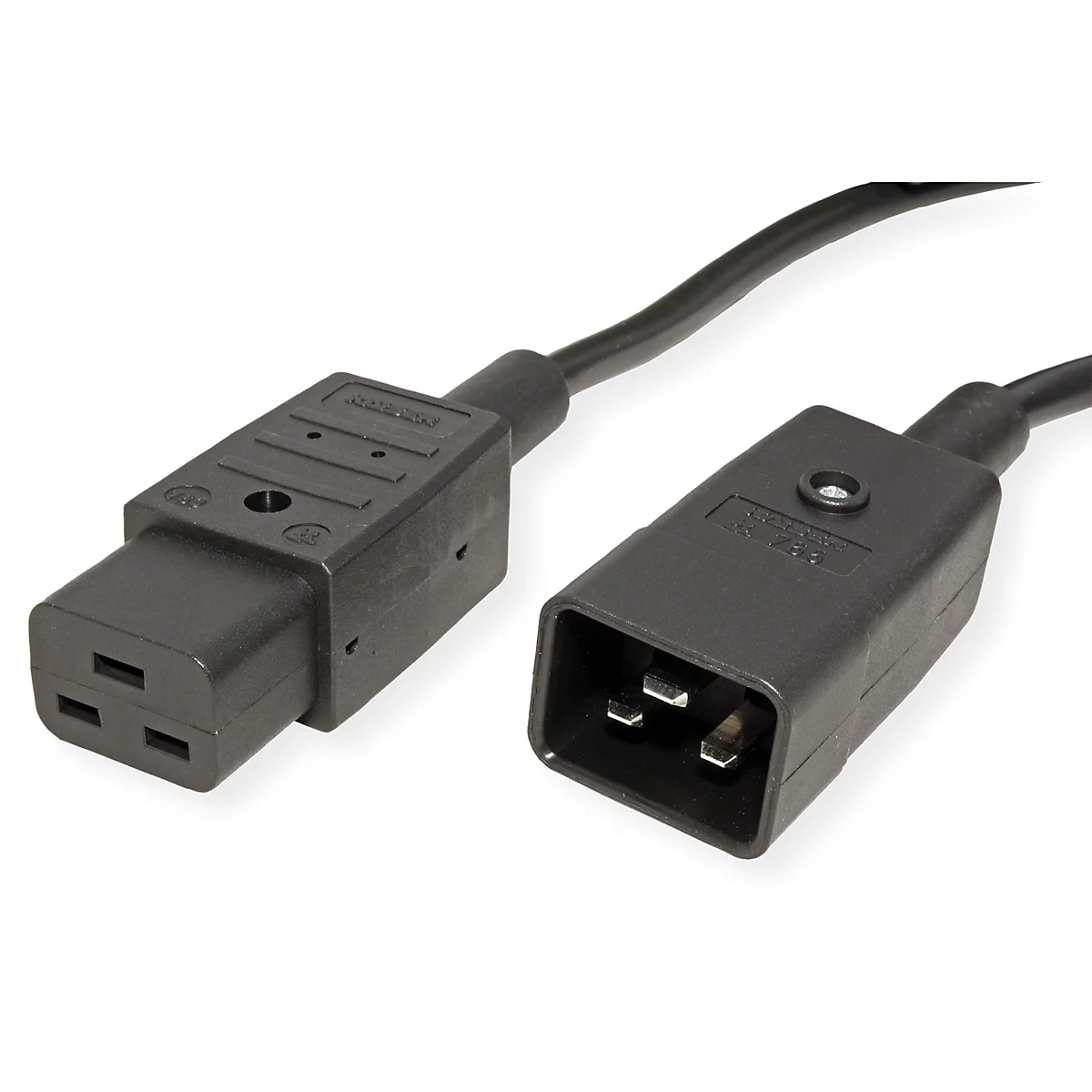 Schwarzes Kaltgerätekabel mit C19-Buchse und C20-Stecker auf weißem Hintergrund.