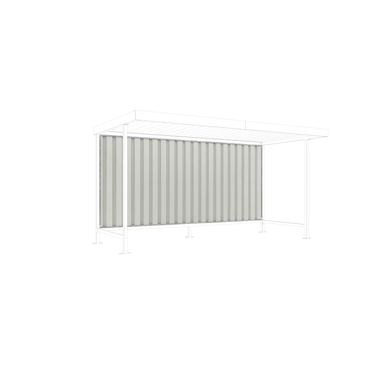 Gray and white shelter with a wavy back wall, on a white background.