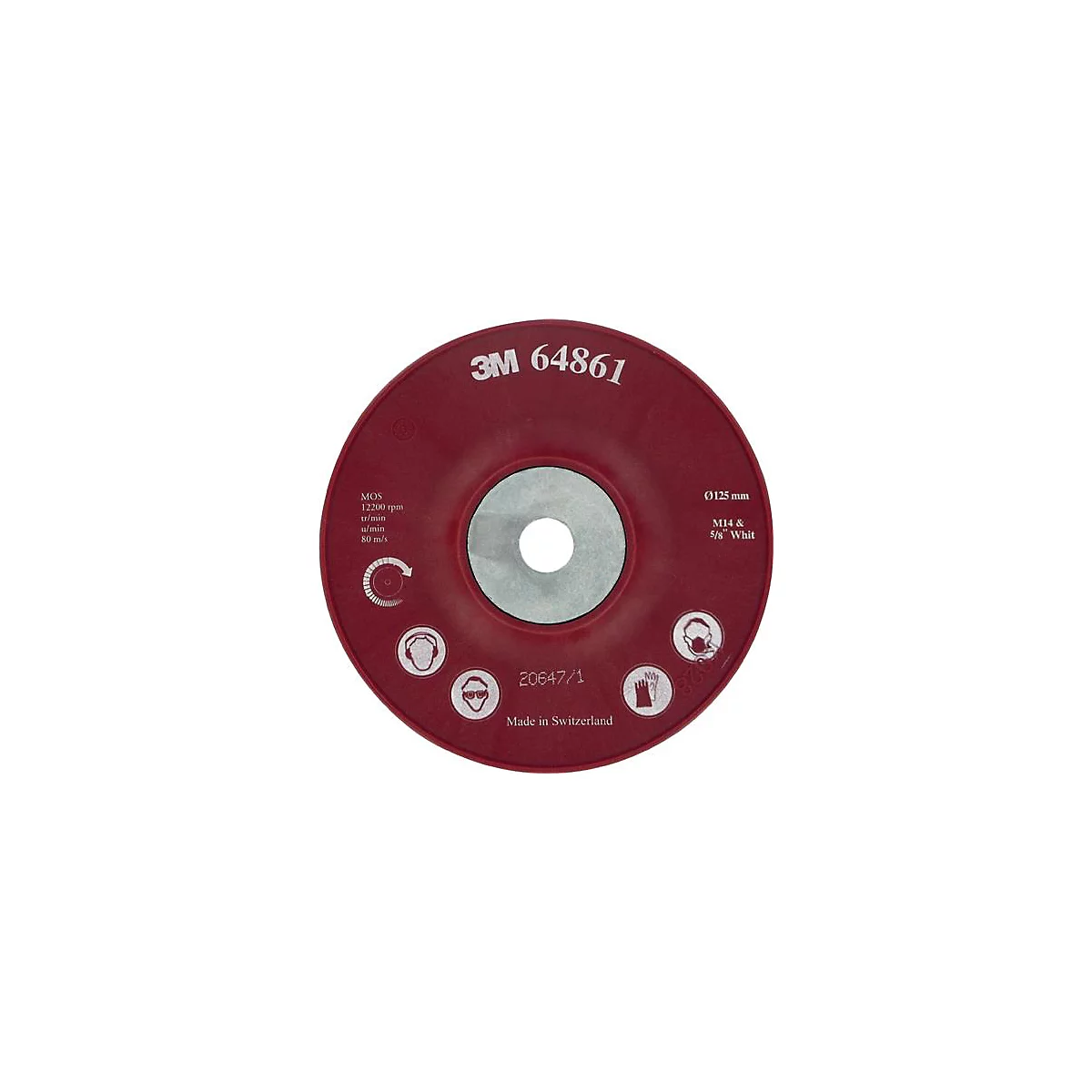 Red grinding disc with specifications like 3M 64861 and technical details. The image also shows symbols for safety precautions.
