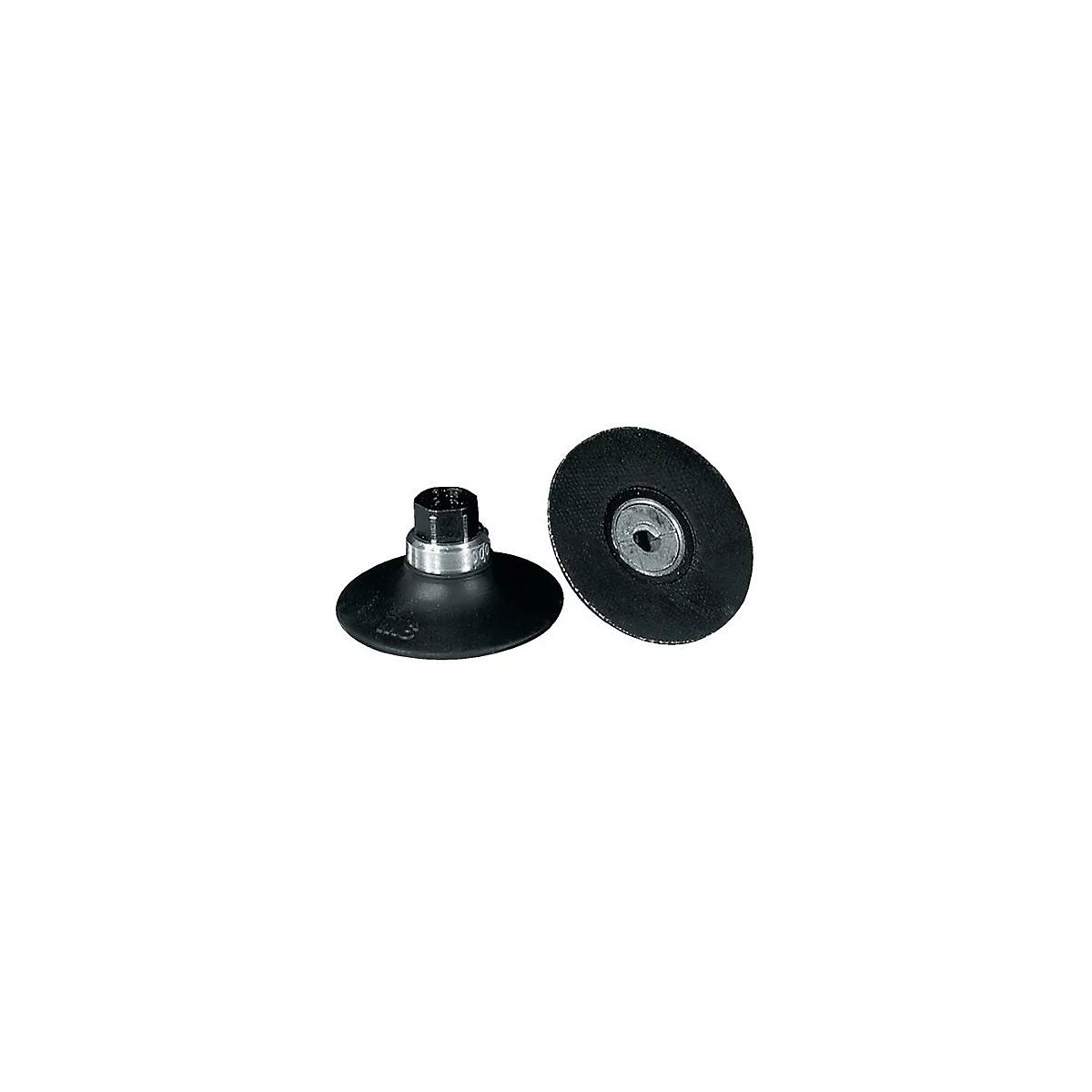 Two black sanding discs with screw threads. One lies flat, the other stands upright.