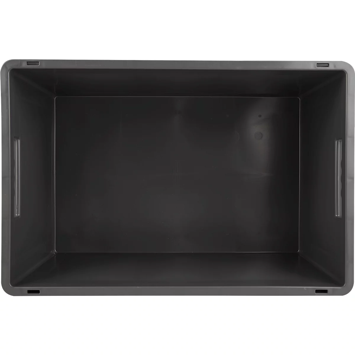 Boîte en plastique sombre, rectangulaire, avec des poignées latérales encastrées.