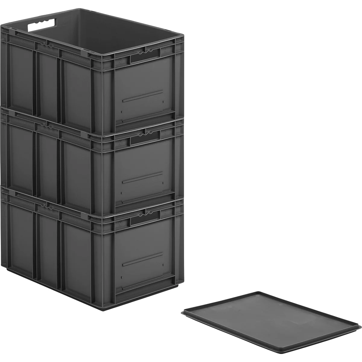 Bacs aux normes européennes série EF 6320, capacité 63,7 l, poignée traversante, gris fer, couvercle inclus, 3 pièces