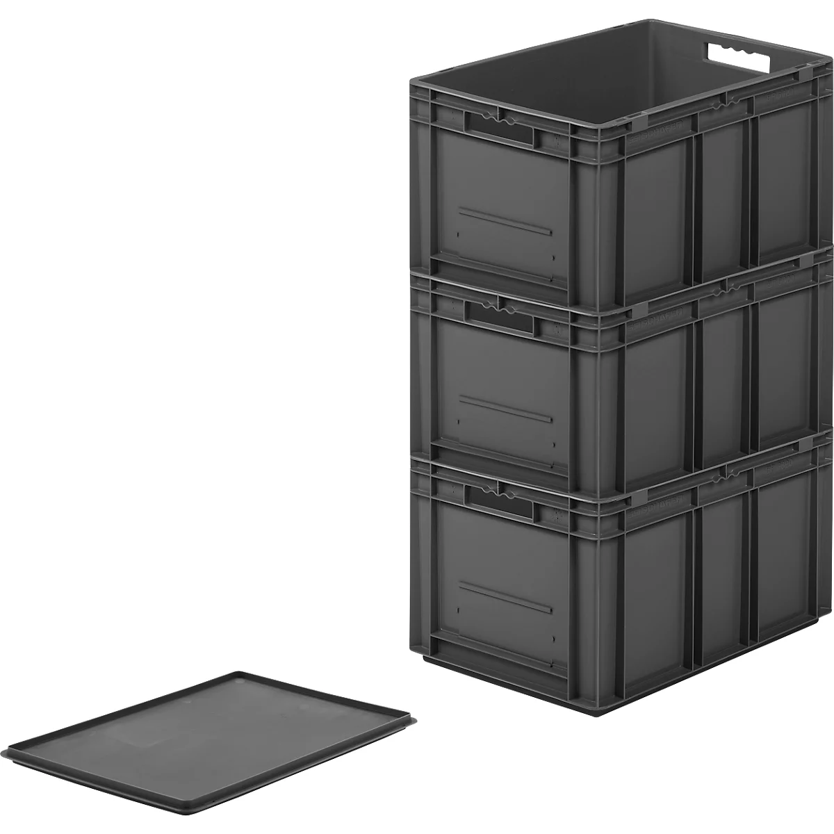 Bacs aux normes européennes série EF 6320, capacité 63,7 l, poignée traversante, gris fer, couvercle inclus, 3 pièces