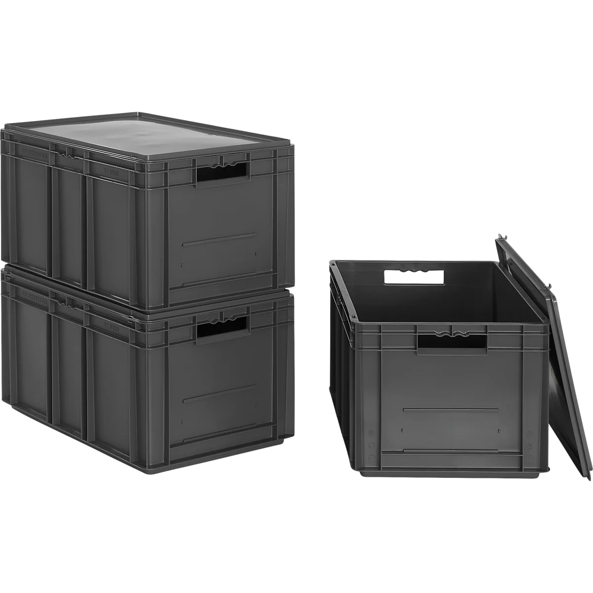 Bacs aux normes européennes série EF 6320, capacité 63,7 l, poignée traversante, gris fer, couvercle inclus, 3 pièces