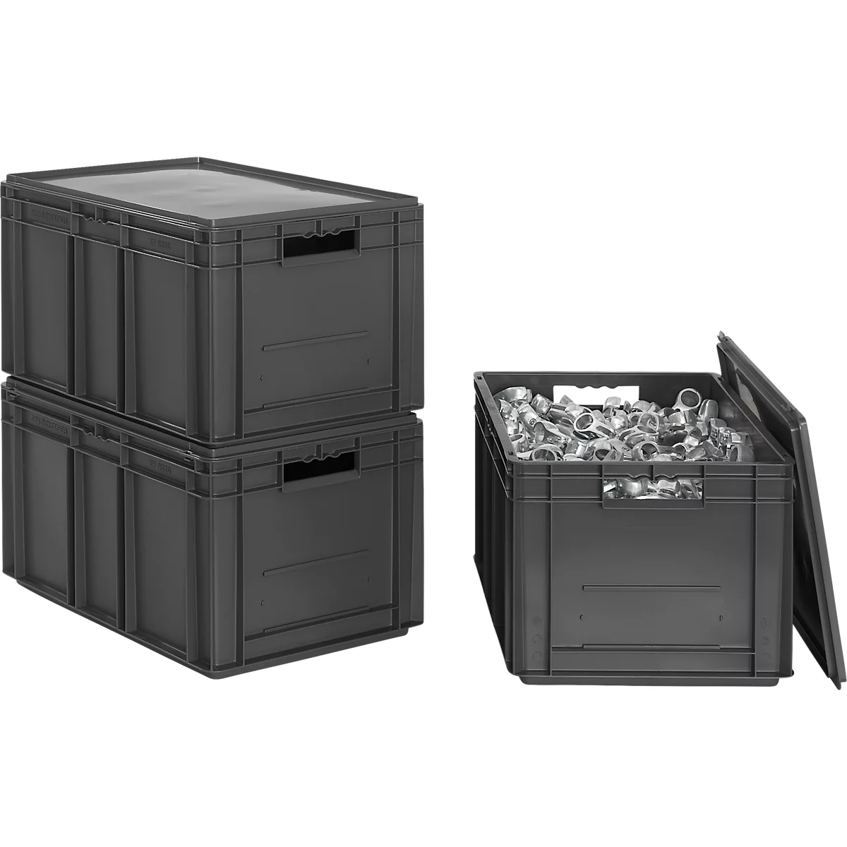 Bacs aux normes européennes série EF 6320, capacité 63,7 l, poignée traversante, gris fer, couvercle inclus, 3 pièces