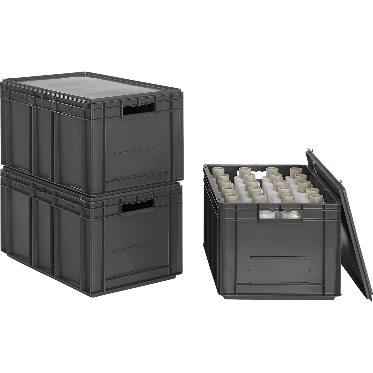 Bacs aux normes européennes série EF 6320, capacité 63,7 l, poignée traversante, gris fer, couvercle inclus, 3 pièces
