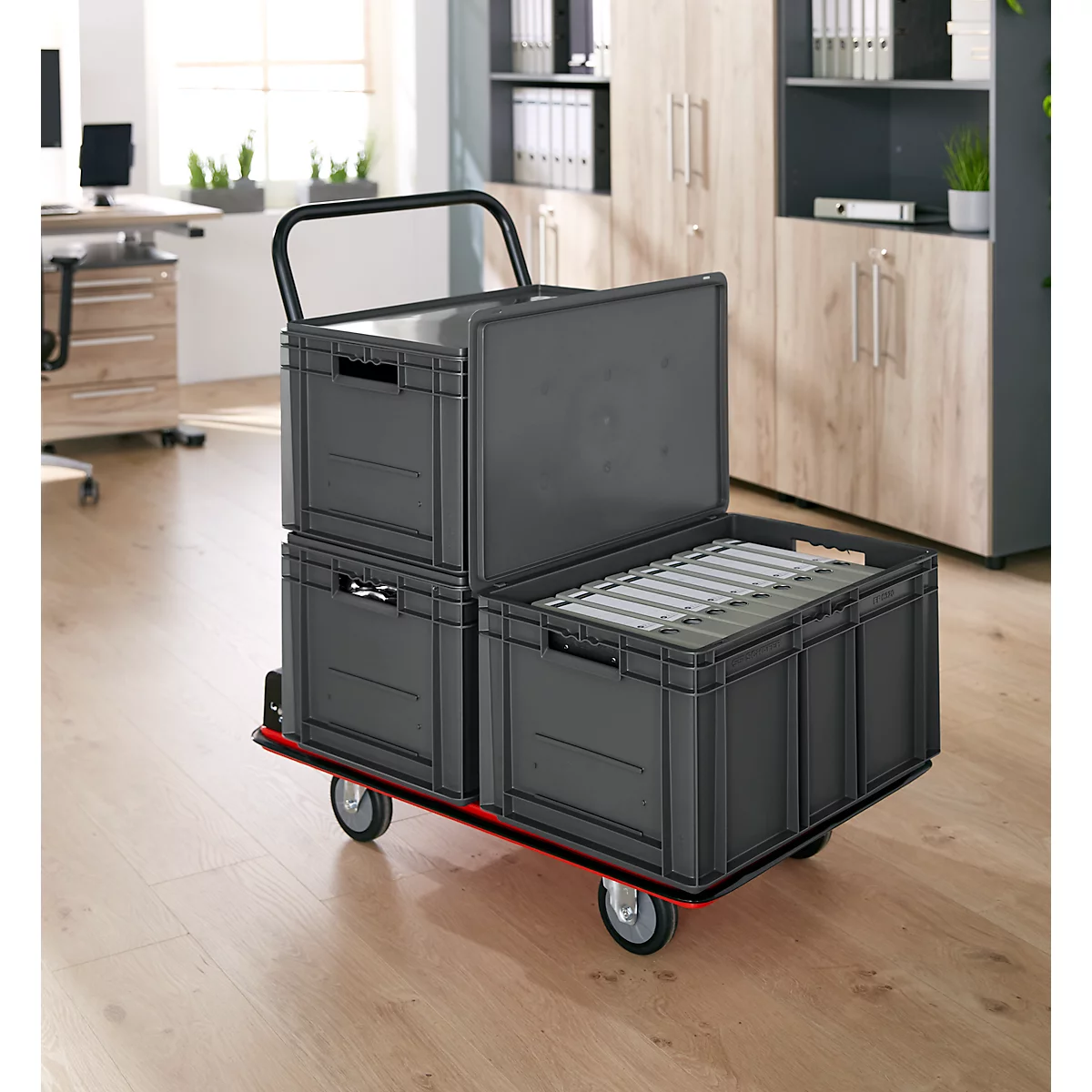 Bacs aux normes européennes série EF 6320, capacité 63,7 l, poignée traversante, gris fer, couvercle inclus, 3 pièces