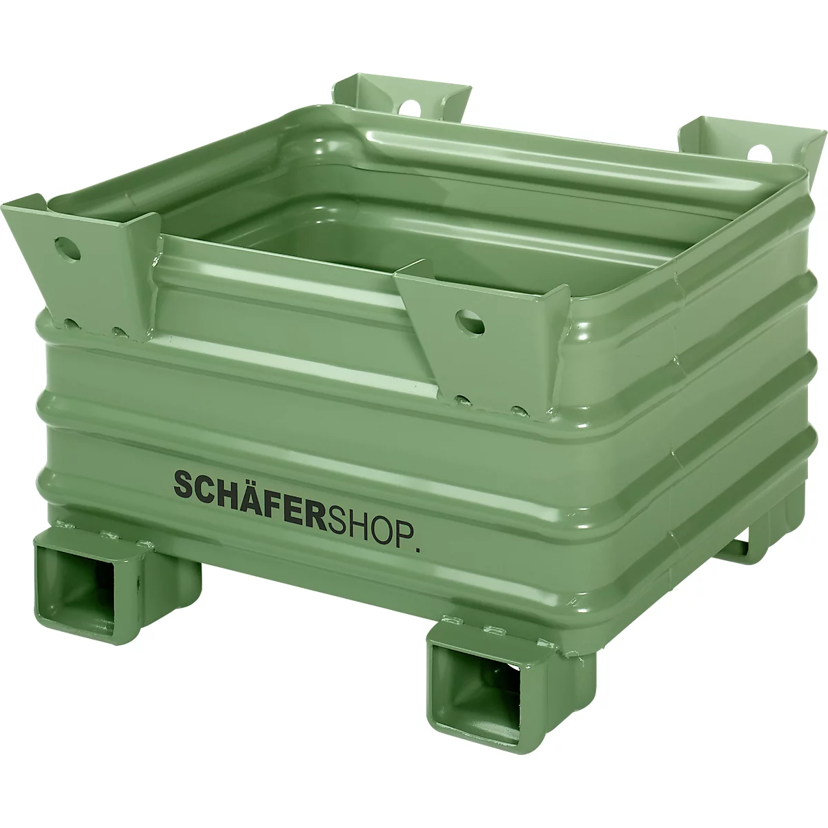 Conteneur vert empilable avec texte 'SCHÄFERSHOP'.
