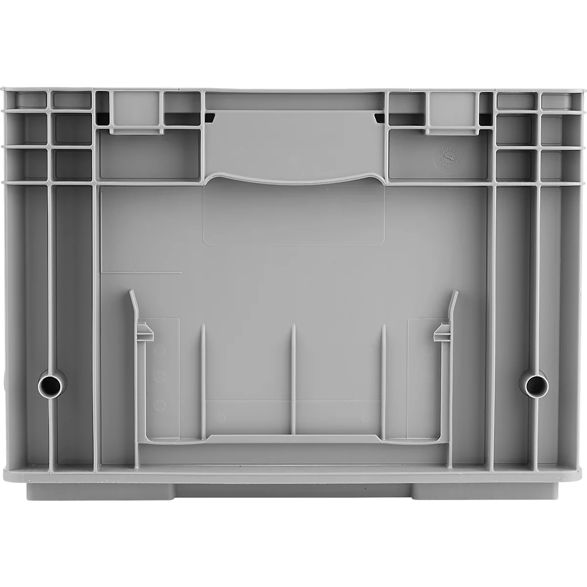 Boîte en plastique gris clair, vue intérieure, avec des nervures verticales et horizontales et des ouvertures rondes.