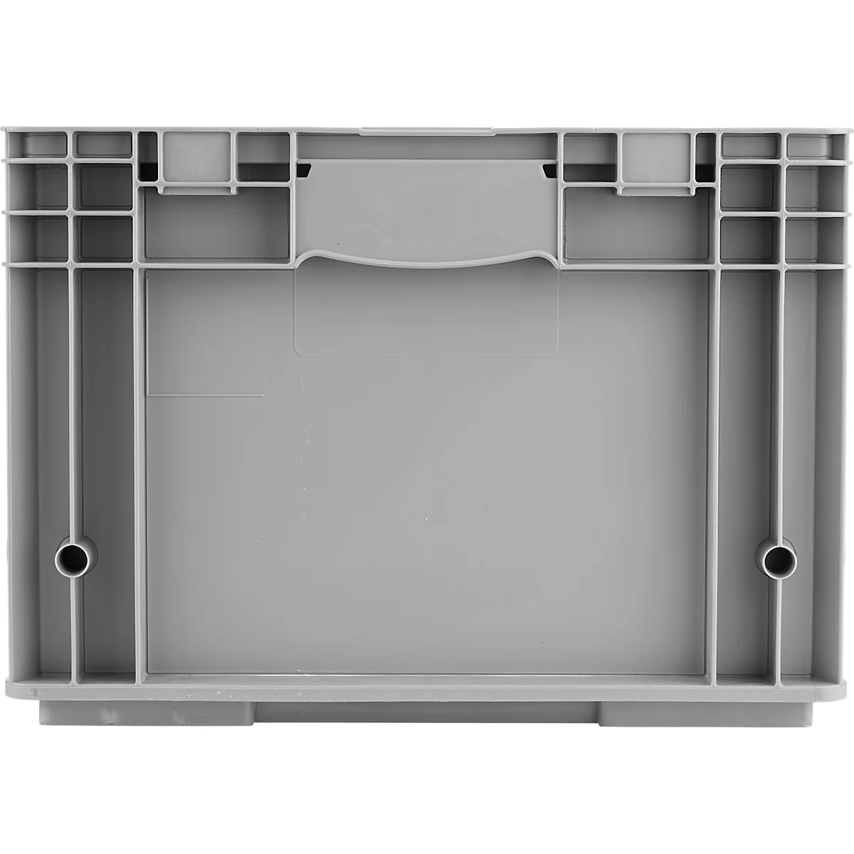 Vue de dessus d'une boîte en plastique gris clair. Entretoises verticales et horizontales, poignée au milieu, deux trous ronds.