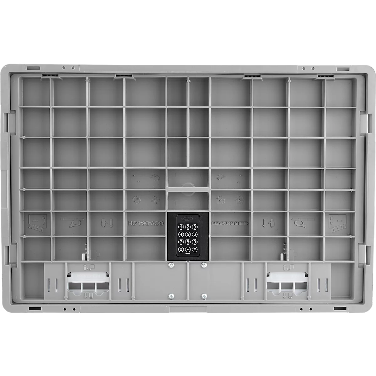 Intérieur de valise grise avec grille, clavier noir.