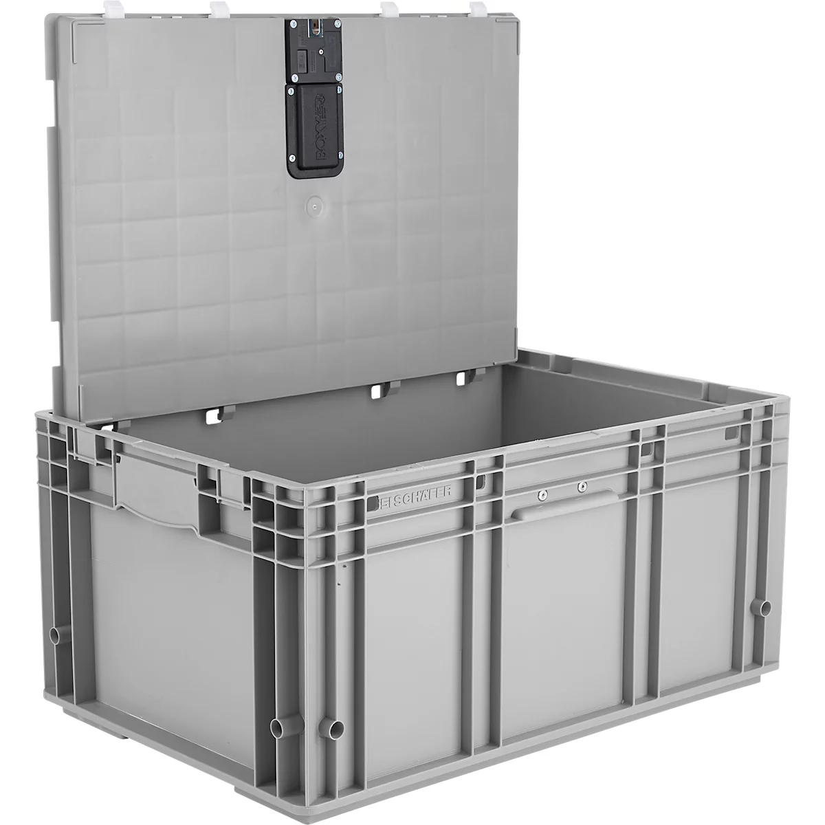 Boîte en plastique grise avec couvercle ouvert, détails visibles.