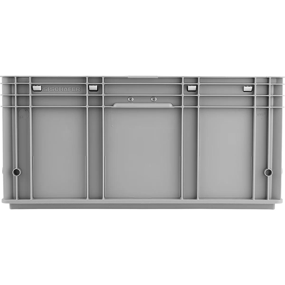 Boîte en plastique grise, vue de dessus. Forme rectangulaire avec des nervures verticales et horizontales, deux poignées et des renfoncements.