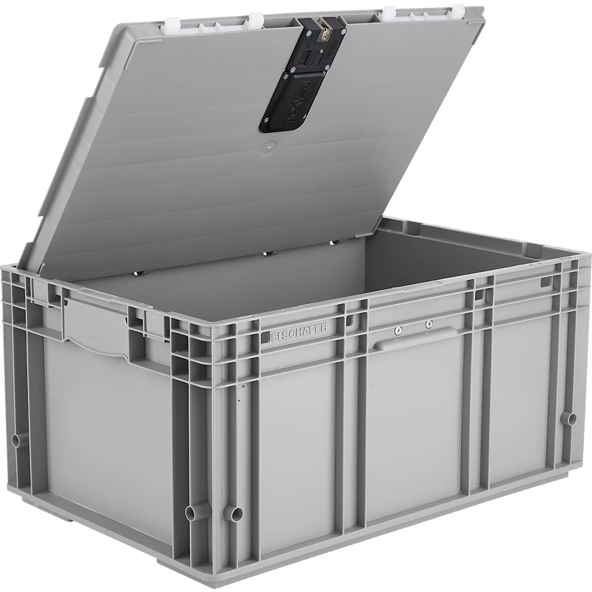 Boîte en plastique grise avec couvercle ouvert. La serrure est visible, la boîte est ouverte.