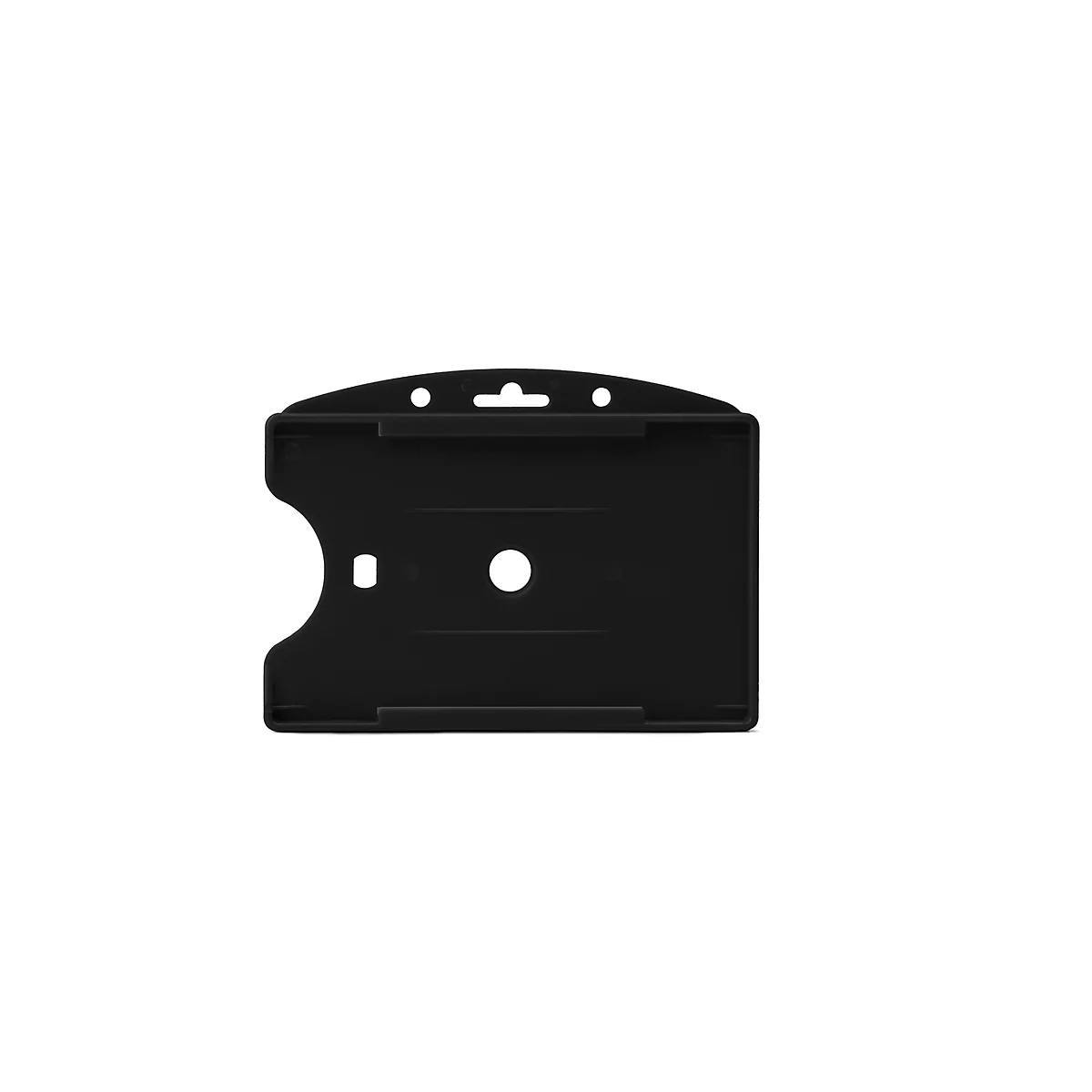 Porte-badge rectangulaire noir, avec trou pour lanière. De fines barres sont visibles en bas et en haut.