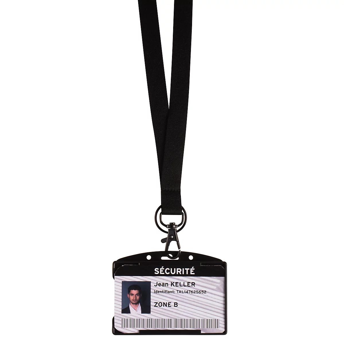 Porte-carte d'identité noir avec lanière noire. La carte comporte une photo, un nom, un code-barres et le texte 'SÉCURITÉ'.