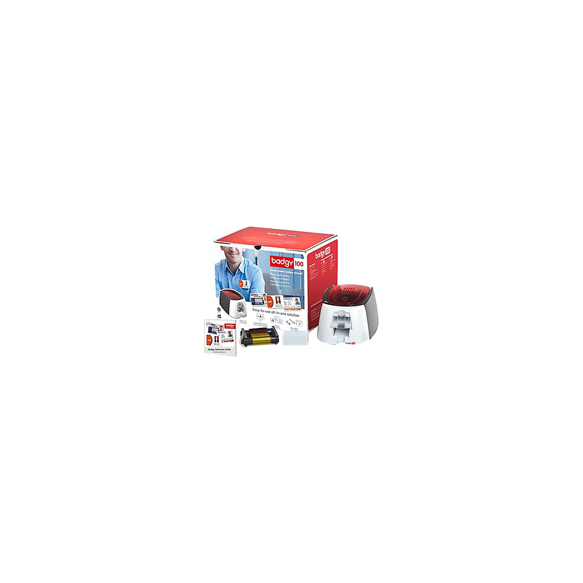 Badgy 100 - Plastikkartendrucker - Farbe - Thermosublimation/thermische Übertragung - CR-80 Card (85.6 x 54 mm) - bis zu 225 Karten/Stunde (einfarbig)/ bis zu 80 Karten/Stunde (Farbe)