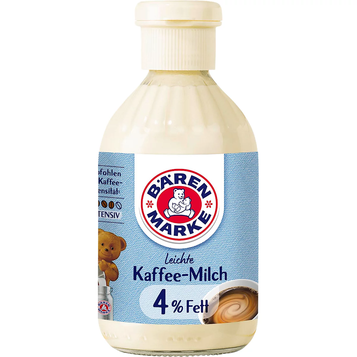 Eine Flasche helle Kaffee-Milch, 4% Fett, mit Bärenmarke-Logo.