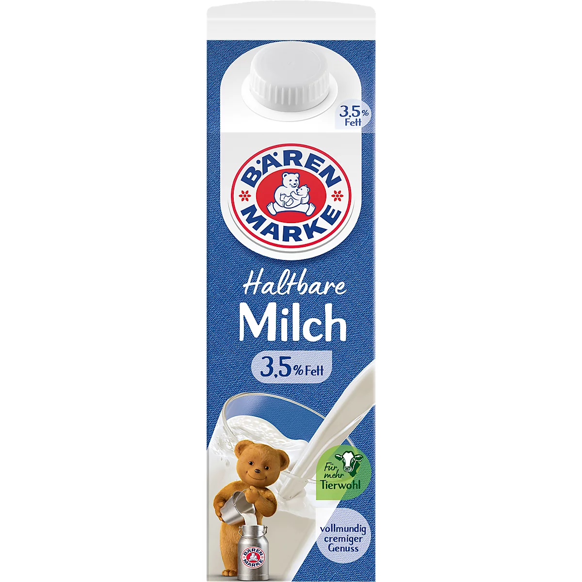 Eine Milchpackung mit "Bärenmarke"-Logo, blau-weißer Hintergrund, Teddybär-Illustrationen, Schriftzug "Haltbare Milch 3,8% Fett".