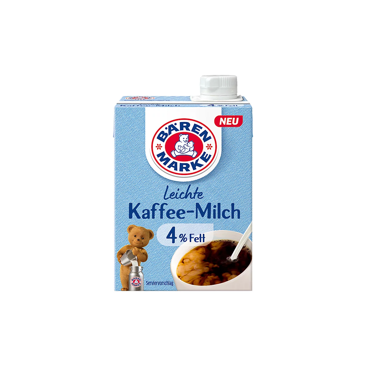 Kaffeemilch-Packung mit Bären-Marke-Logo, Text: Leichte Kaffee-Milch 4% Fett. Teddybär gießt Milch in eine Kaffeetasse.