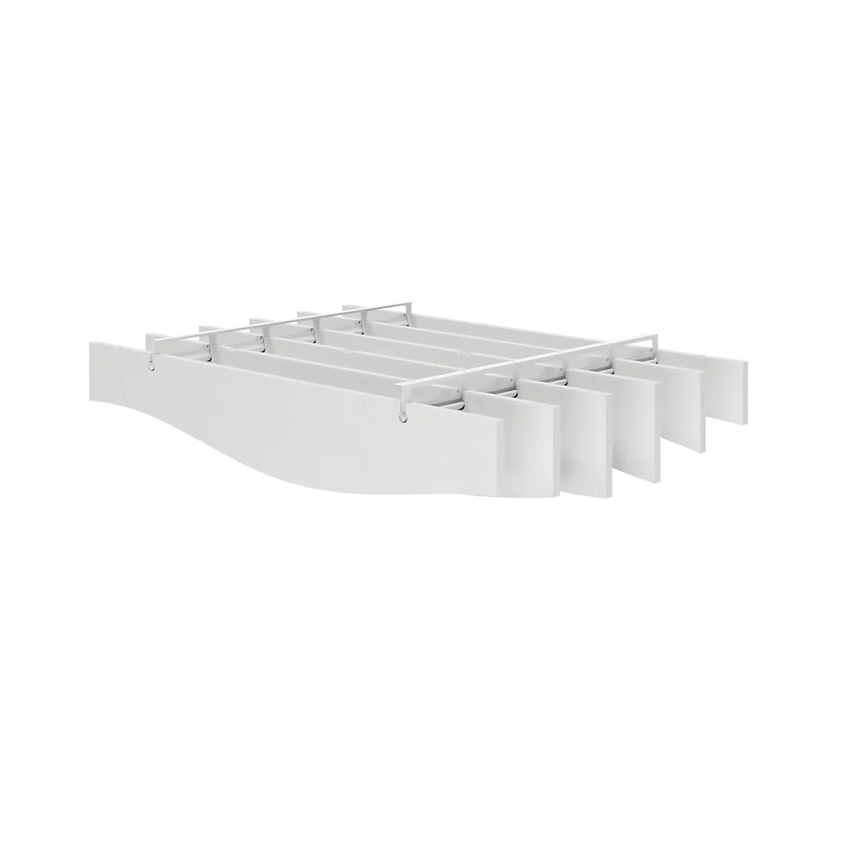 Panneau de plafond blanc avec lattes horizontales et âmes verticales fixées à un support blanc.