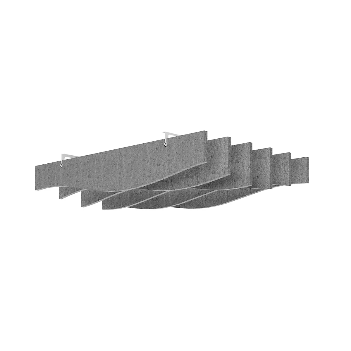 Panneaux de plafond gris en forme de vagues avec des supports blancs.