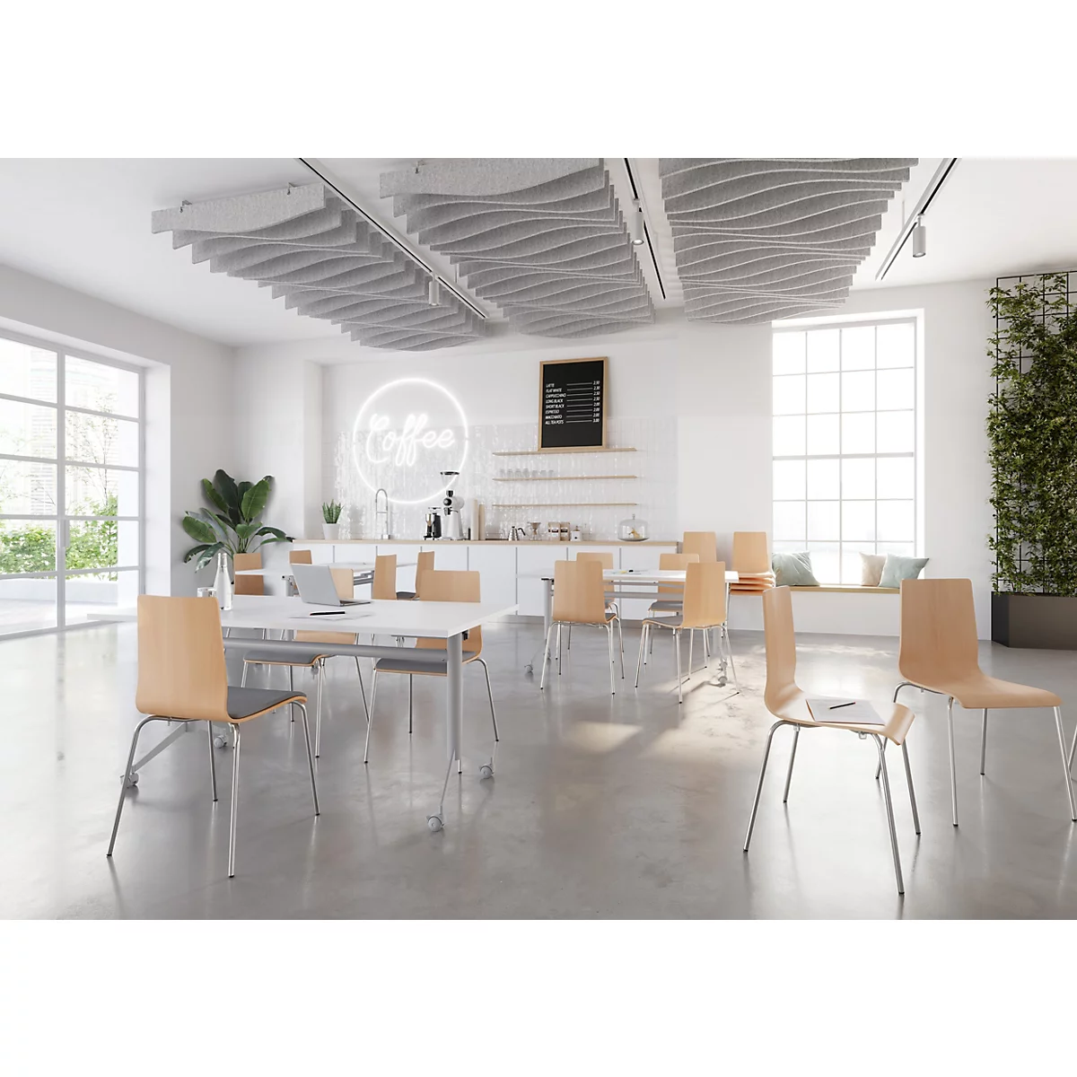 Café lumineux avec tables, chaises et une fenêtre. Panneaux ondulés au plafond. Le mot "Coffee" s'illumine en arrière-plan.