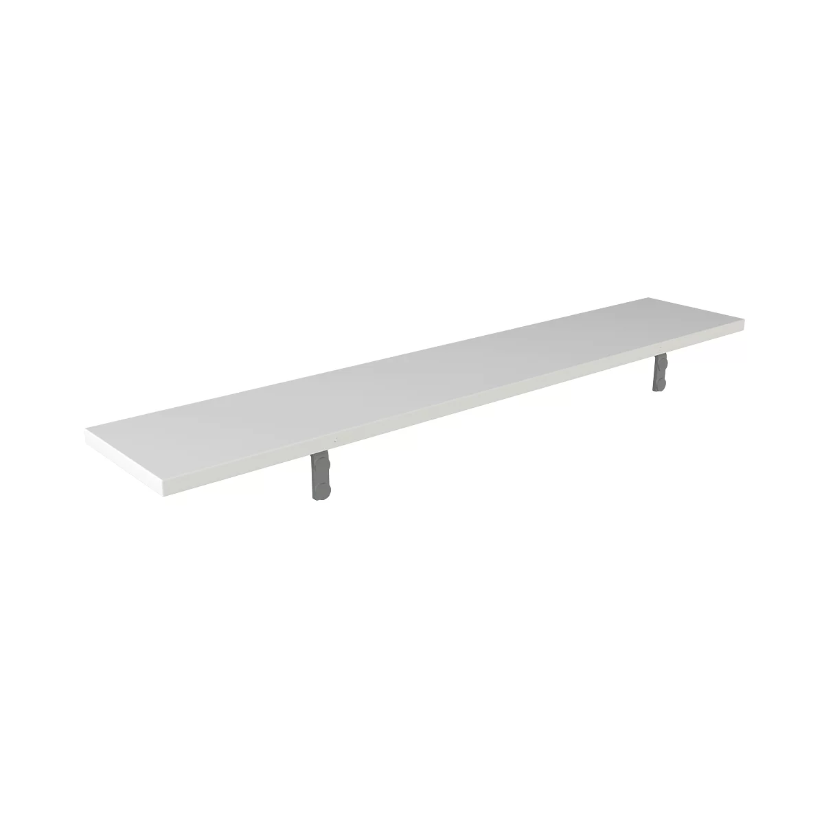 White wall shelf with two gray brackets against a white background.