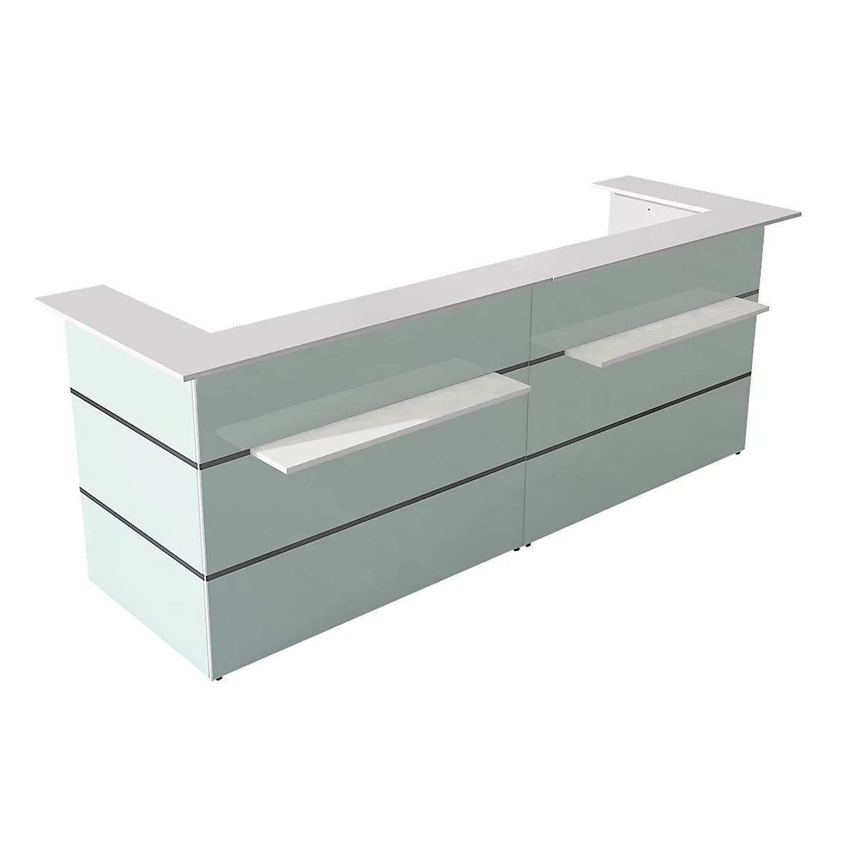 A modern reception desk in white and gray. It has a long, rectangular shape with integrated shelves.