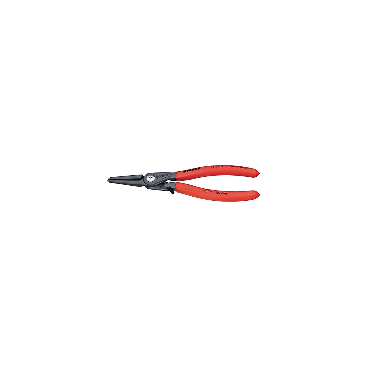 Pince avec poignées rouges et nom du produit. La pince a une pointe noire. Inscription : KNIPEX, 48 31 12, 19-60 mm.