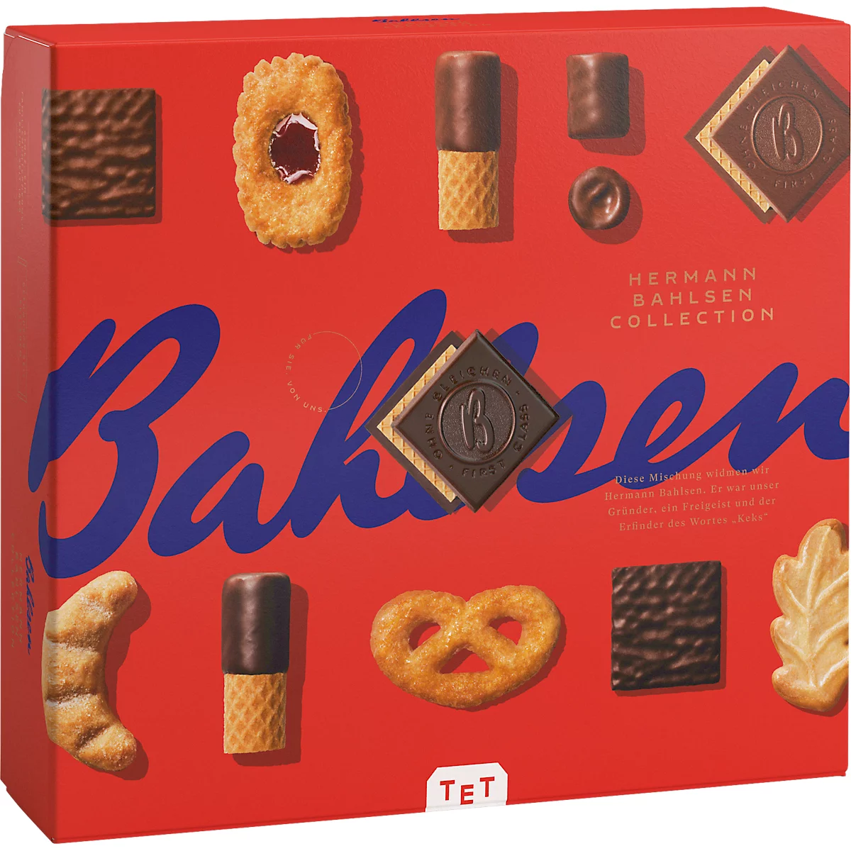 Red Bahlsen cookie box filled with assorted cookies, pictured on the lid.