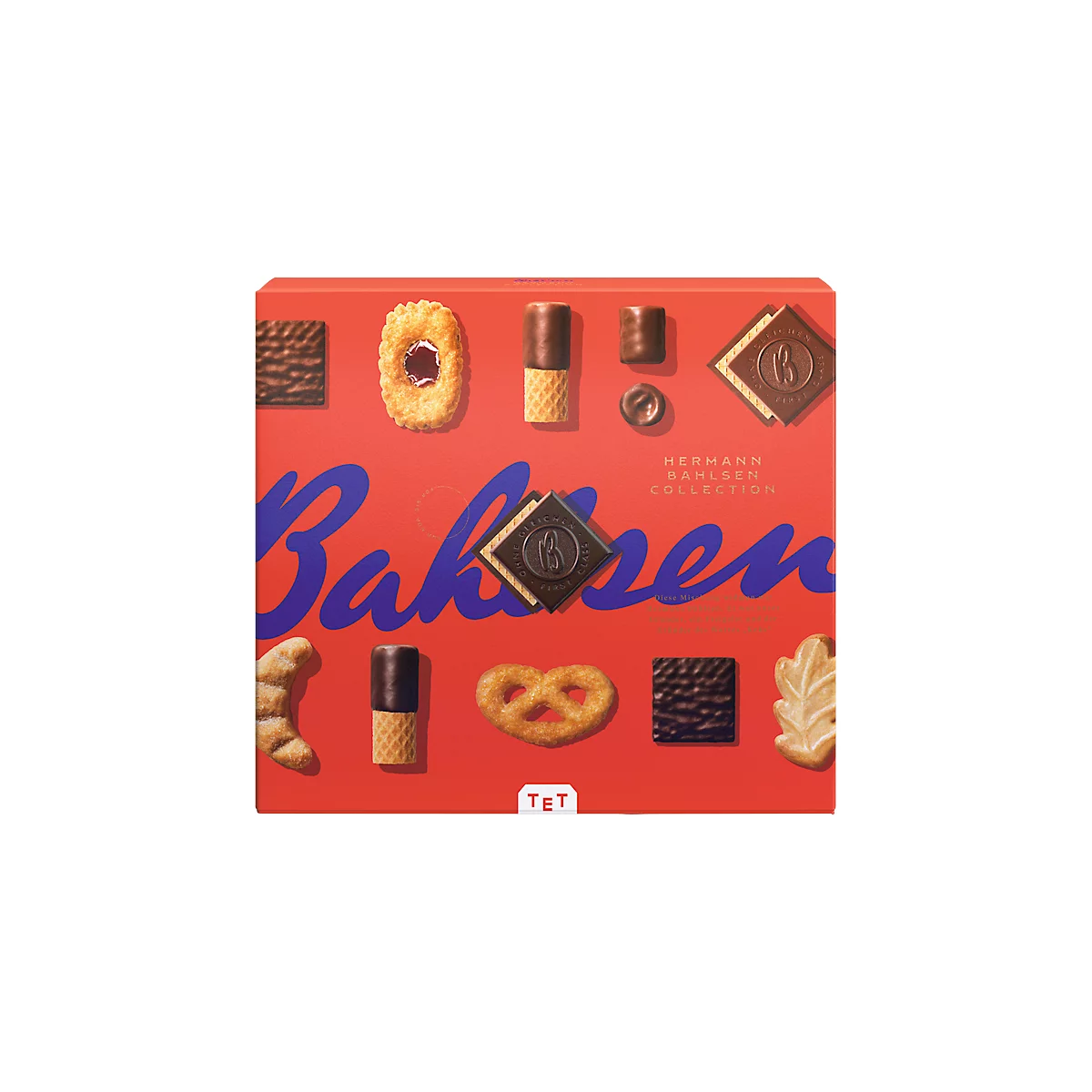 Red Bahlsen box with a variety of pastries, blue lettering and the print "Hermann Bahlsen Collection."