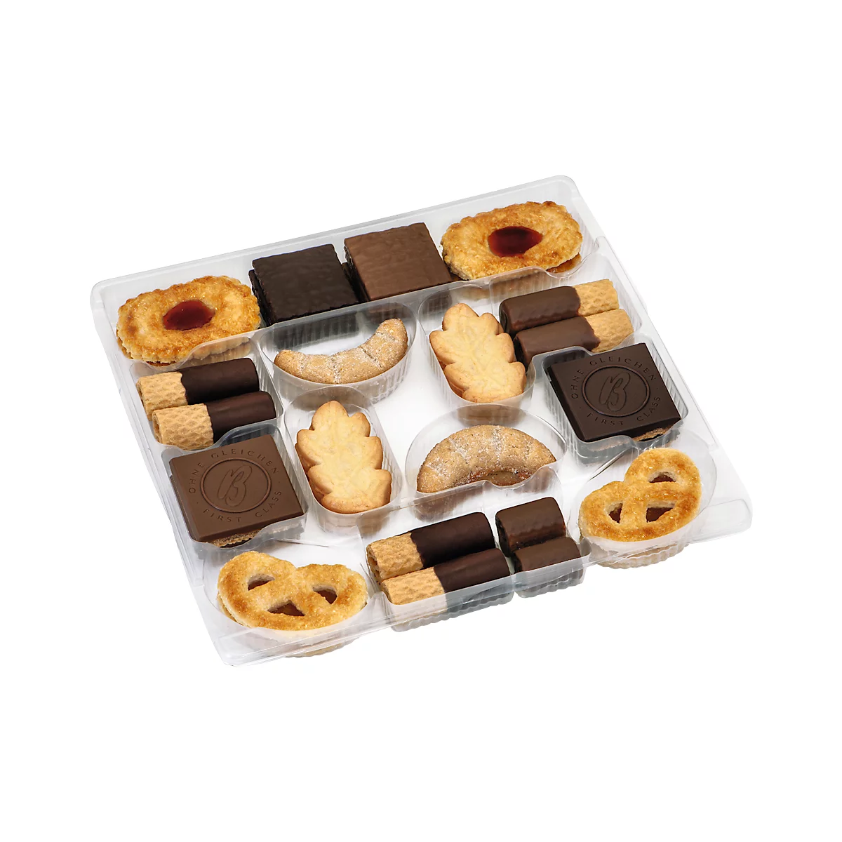 A clear plastic tray with a selection of biscuits: butter biscuits, chocolate wafer rolls, leaf-shaped pastry, chocolate squares and pretzels.