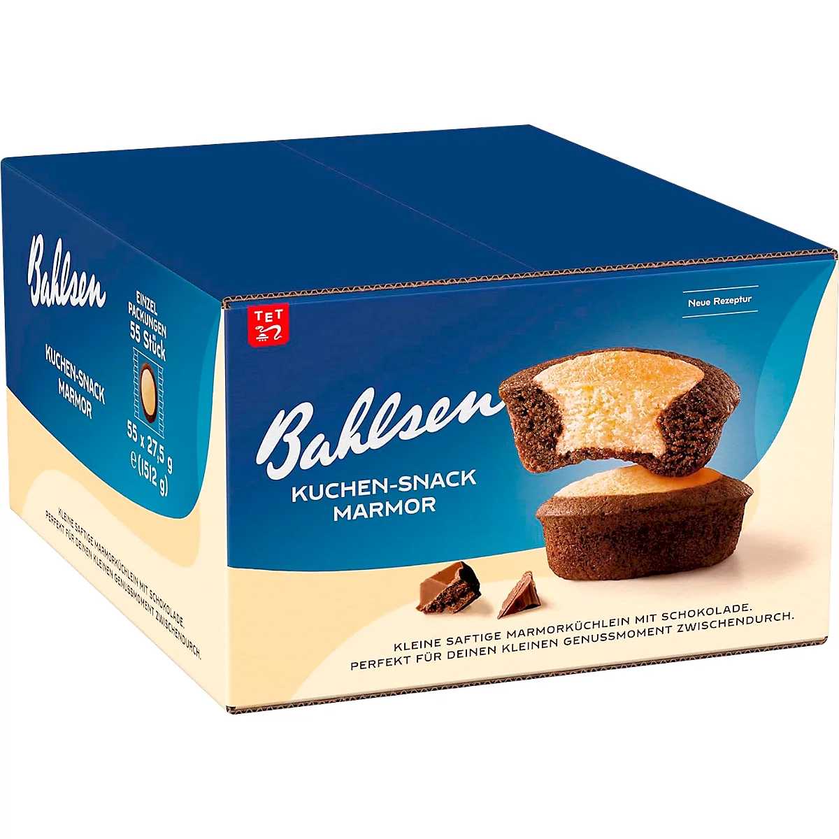 Bahlsen Kuchen-Snack Marmor Verkaufsverpackung mit Abbildung der kleinen, saftigen Marmorküchlein.