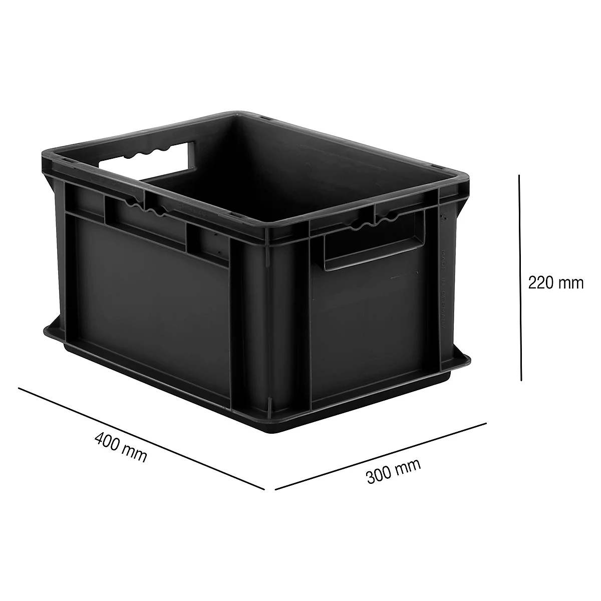 Bak in EURO-maat EF 4220, geleidend PP, L 400 x B 300 x H 220 mm, 20,4 liter, open handgrepen, zwart