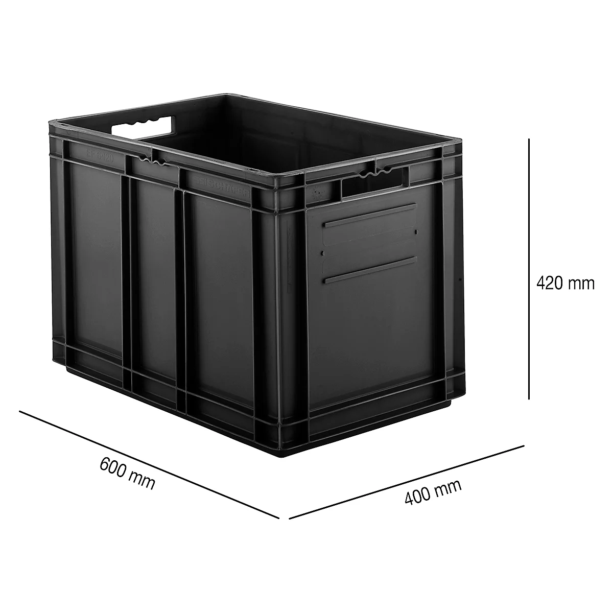 Bak in EURO-maat EF 6420, geleidend PP, L 600 x B 400 x H 420 mm, inhoud 83,8 l, open handgrepen, zwart