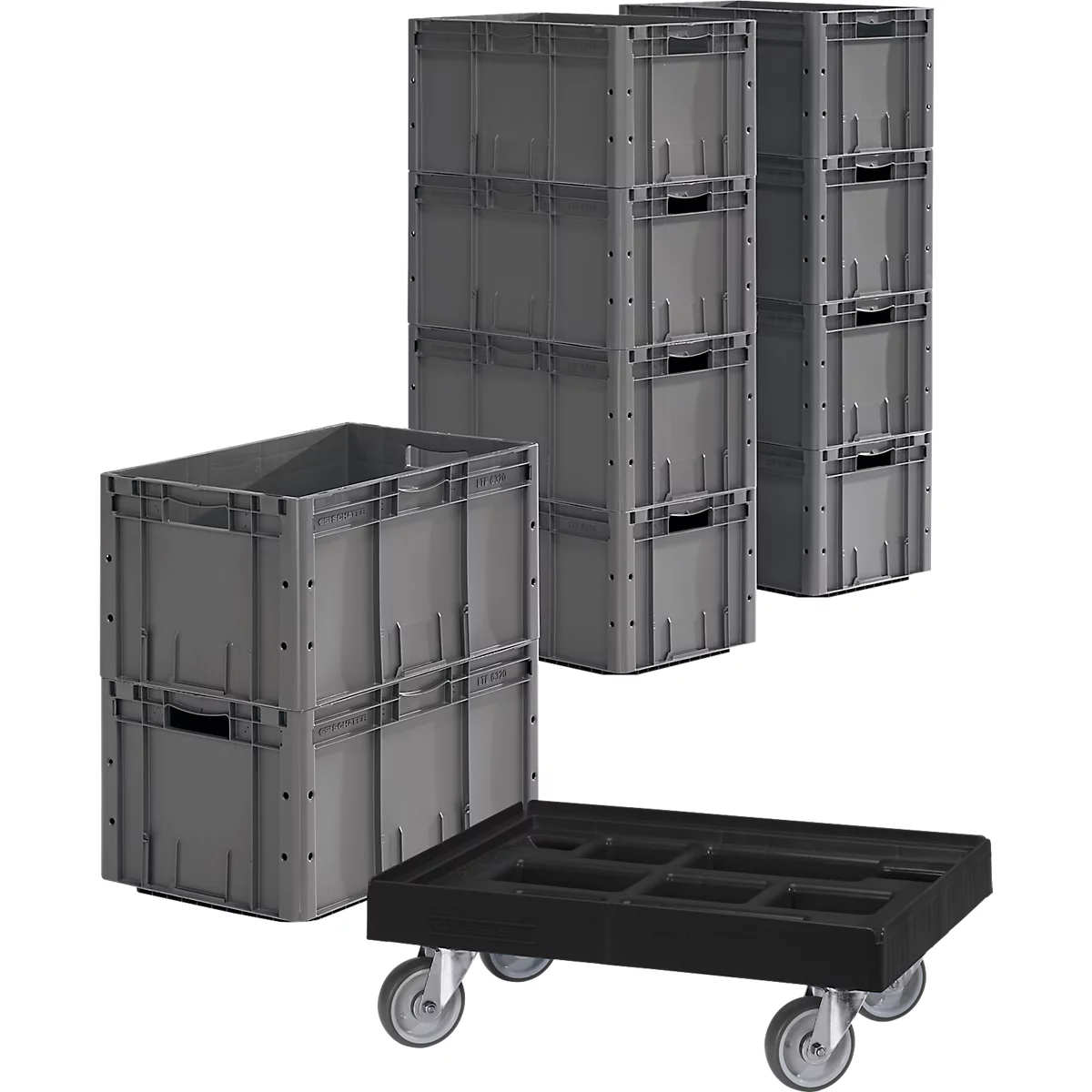 Bakken in euro-maat LTF 6320, PP, L 600 x B 400 x H 320 mm, 62,7 l, tot 30 kg, 10 stuks + gratis kunststof rolframe