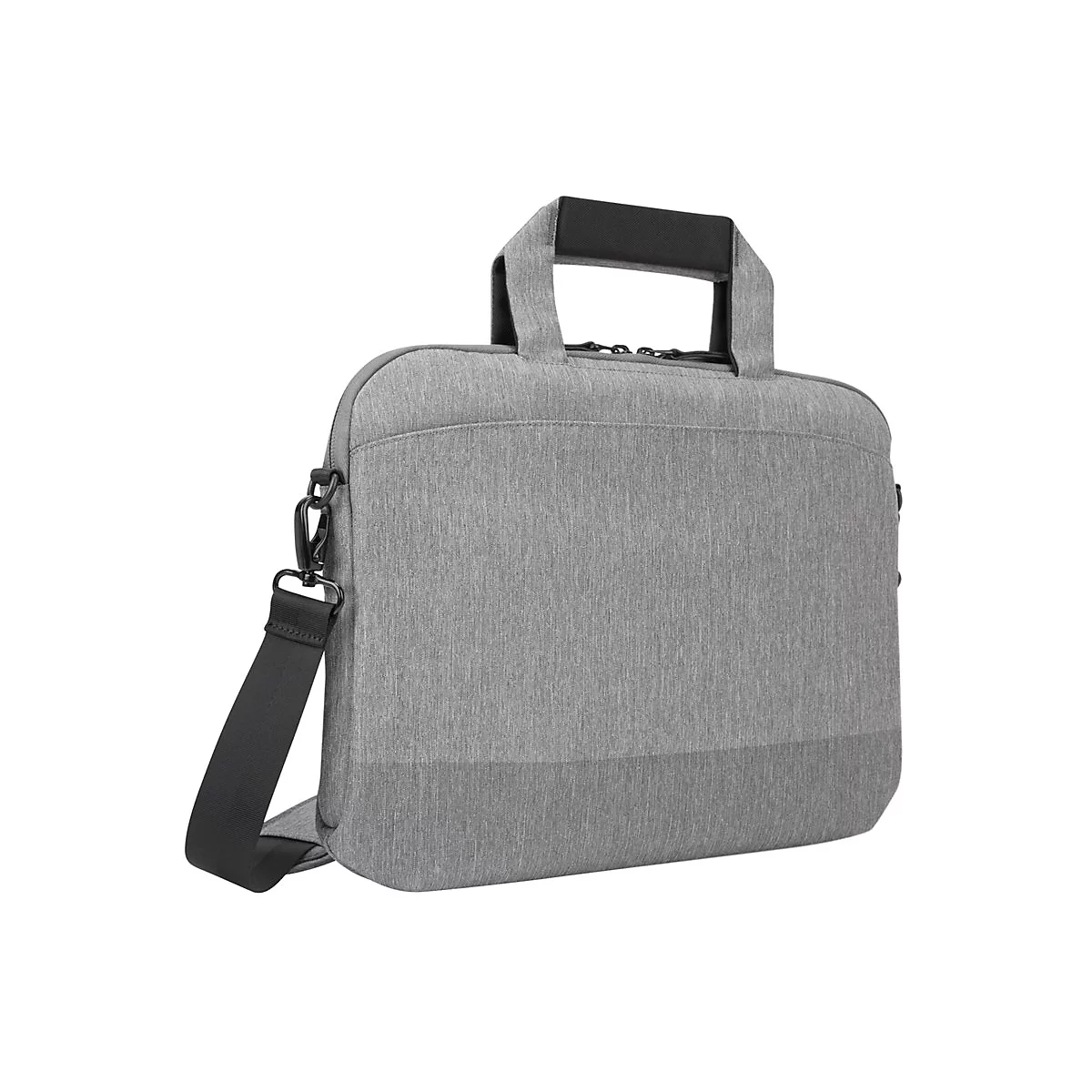 Graue Laptoptasche mit Tragegriff und Schultergurt. Der untere Teil ist etwas dunkler.