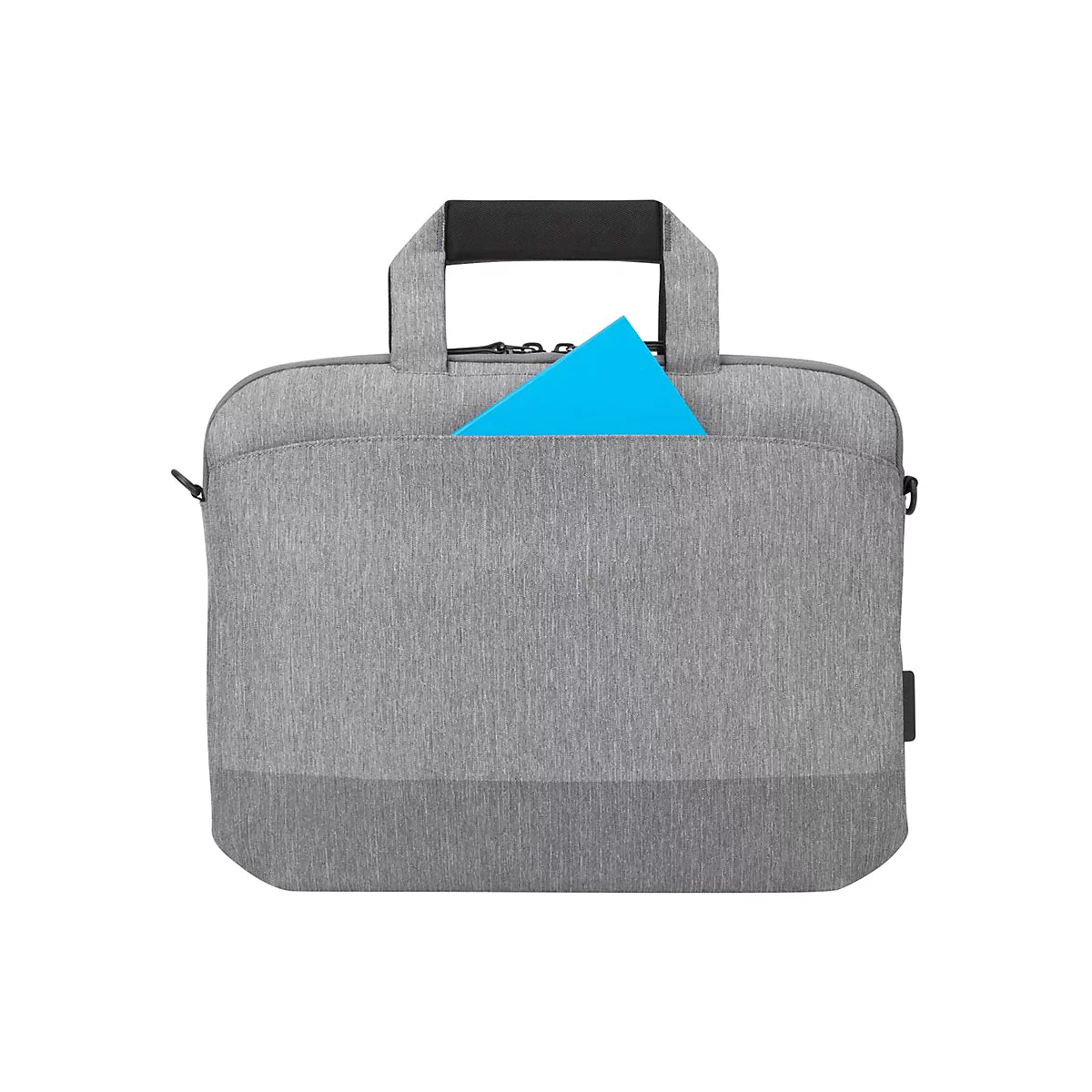 Graue Laptop-Tasche mit Tragegriff, in der eine blaue Mappe steckt.