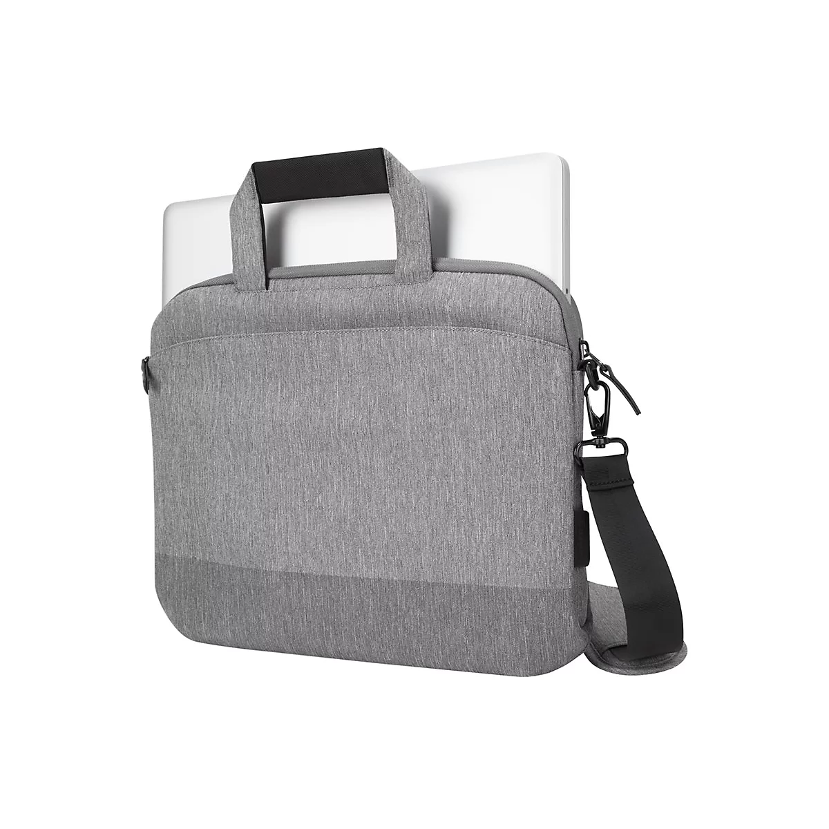 Graue Laptoptasche mit Laptop, Tragegriff und Schulterriemen vor weißem Hintergrund.