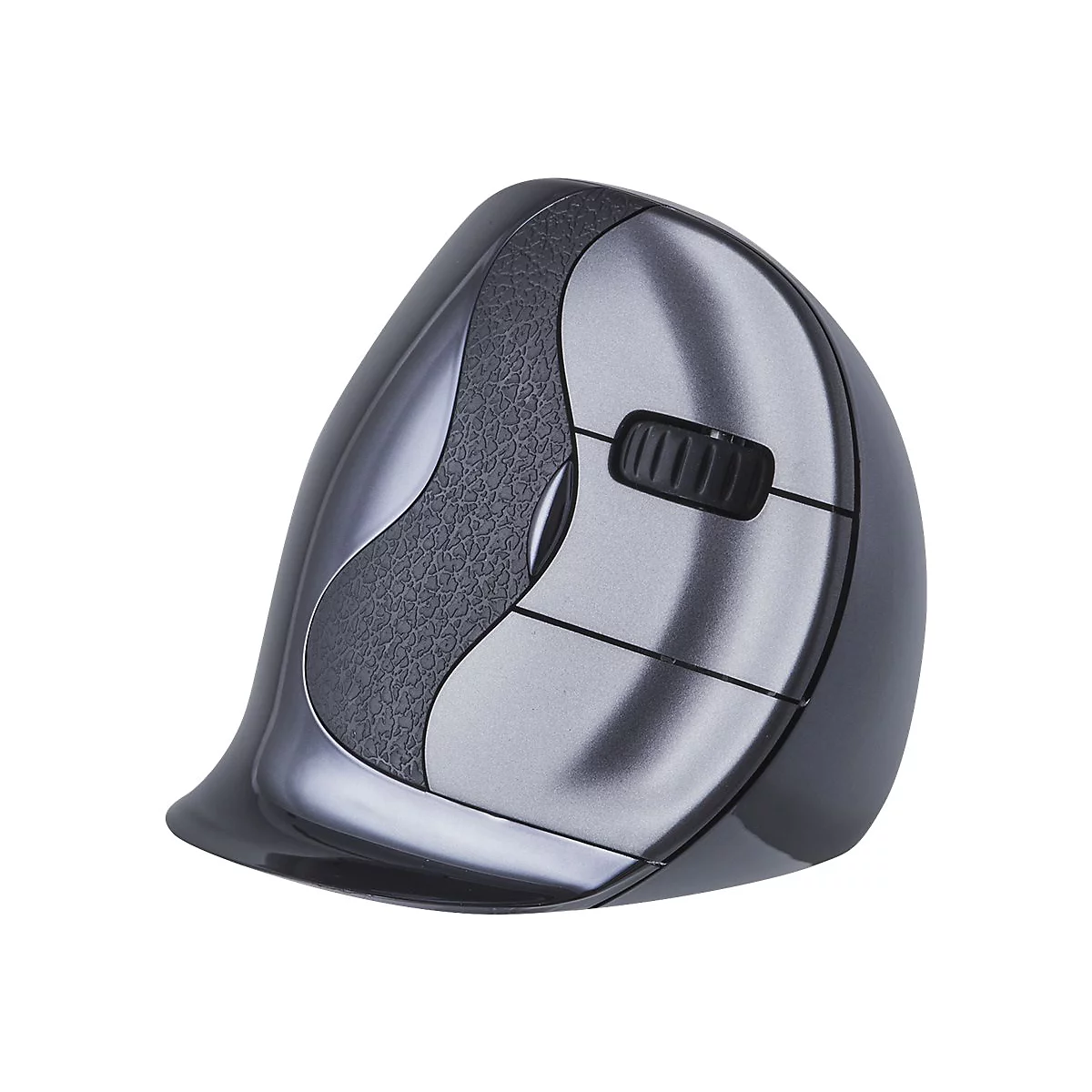 Dunkelgraue, vertikale ergonomische Computermaus vor weißem Hintergrund.