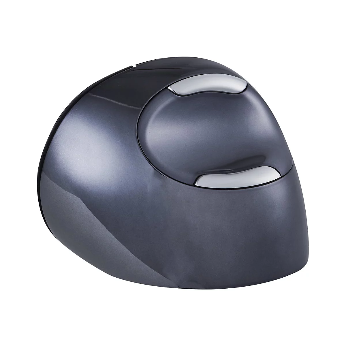 Dunkelgraue, ergonomische Computermaus in ovaler Form mit zwei glänzenden silbernen Tasten auf der Oberseite.