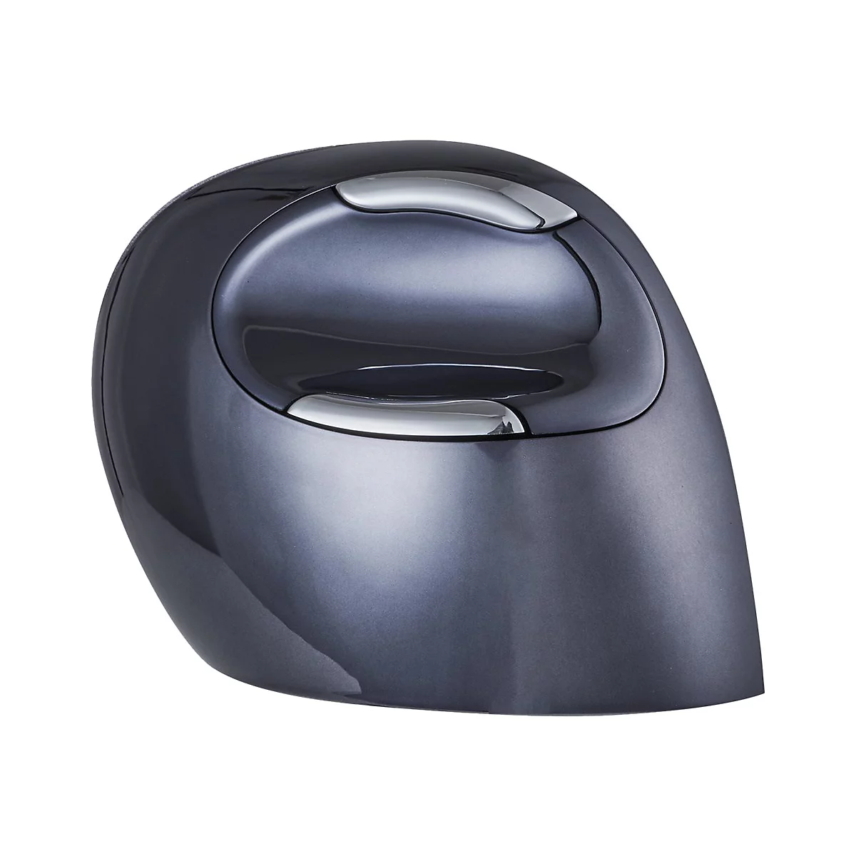 Dunkelgraue, ergonomische Computermaus mit glänzenden silbernen Tasten vor weißem Hintergrund.
