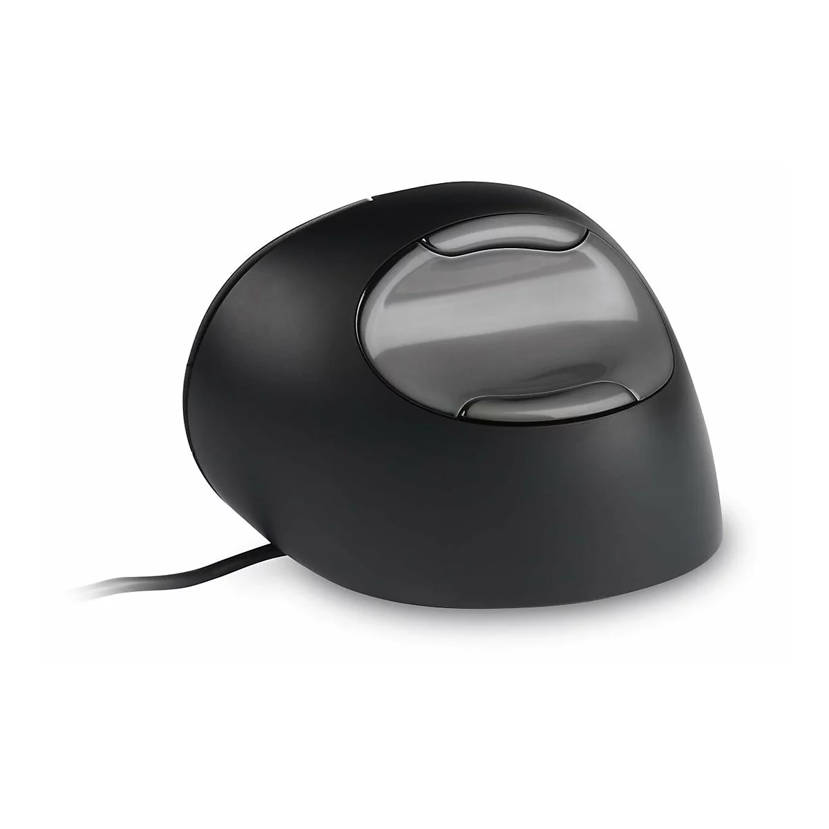 Schwarze, ergonomische Computermaus mit glänzender, ovaler Taste vor weißem Hintergrund.