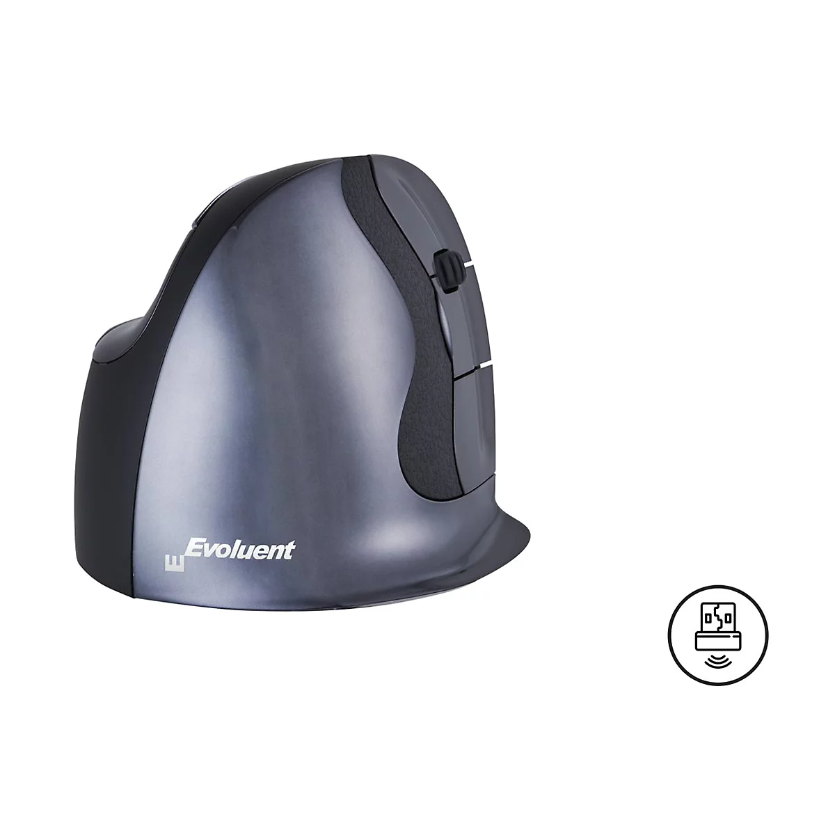 Ergonomische Maus, grau-schwarz, mit seitlichen Tasten und Logo.