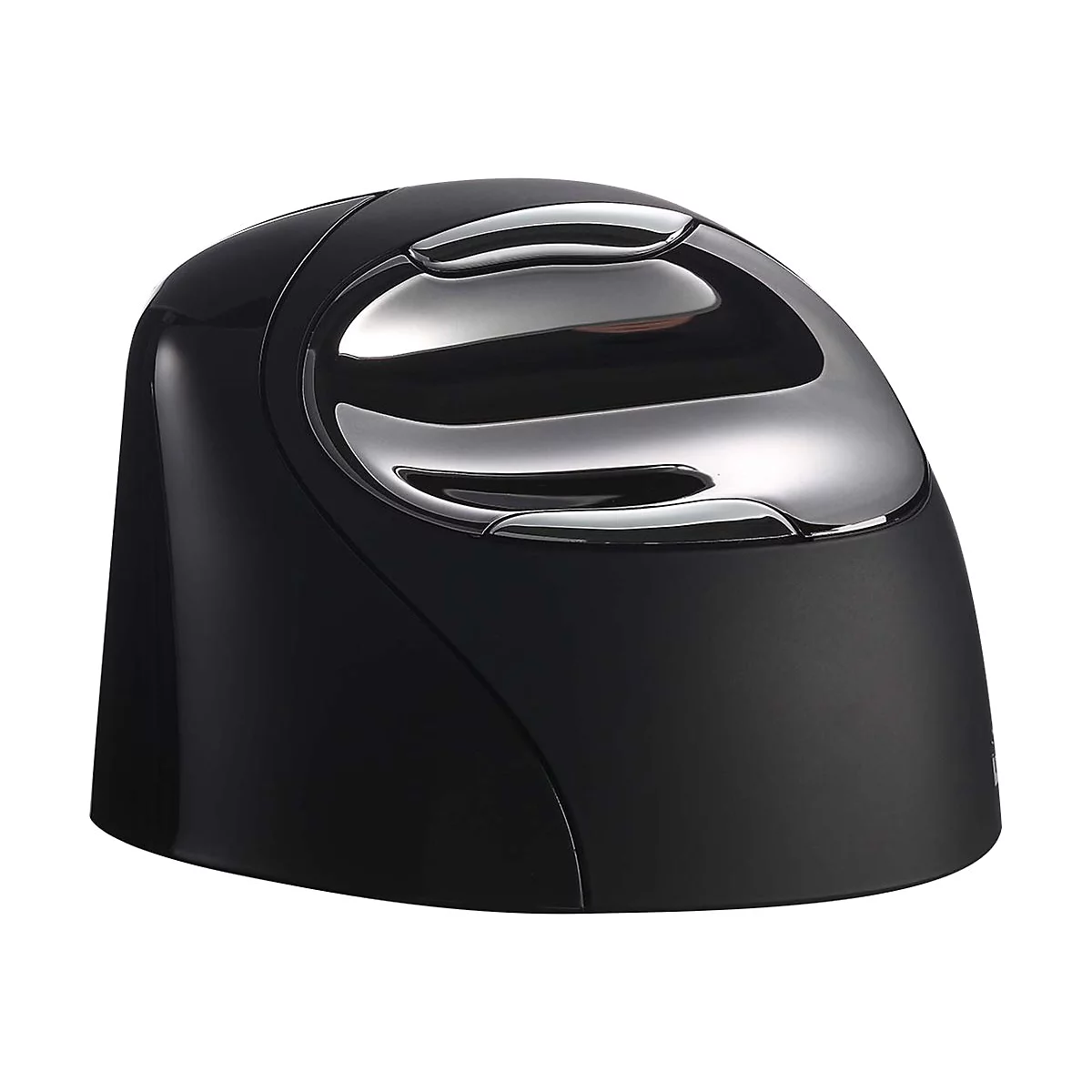 Schwarze, ergonomische Vertikalmaus in kuppelartigem Design mit silbern glänzenden Tasten auf weißem Grund.